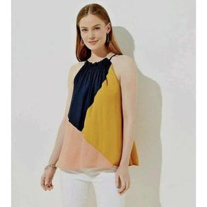 Loft‎ Women's Top Petite PL Colorblock Blue Pink Yellow Halter Tank Blouse Flowy